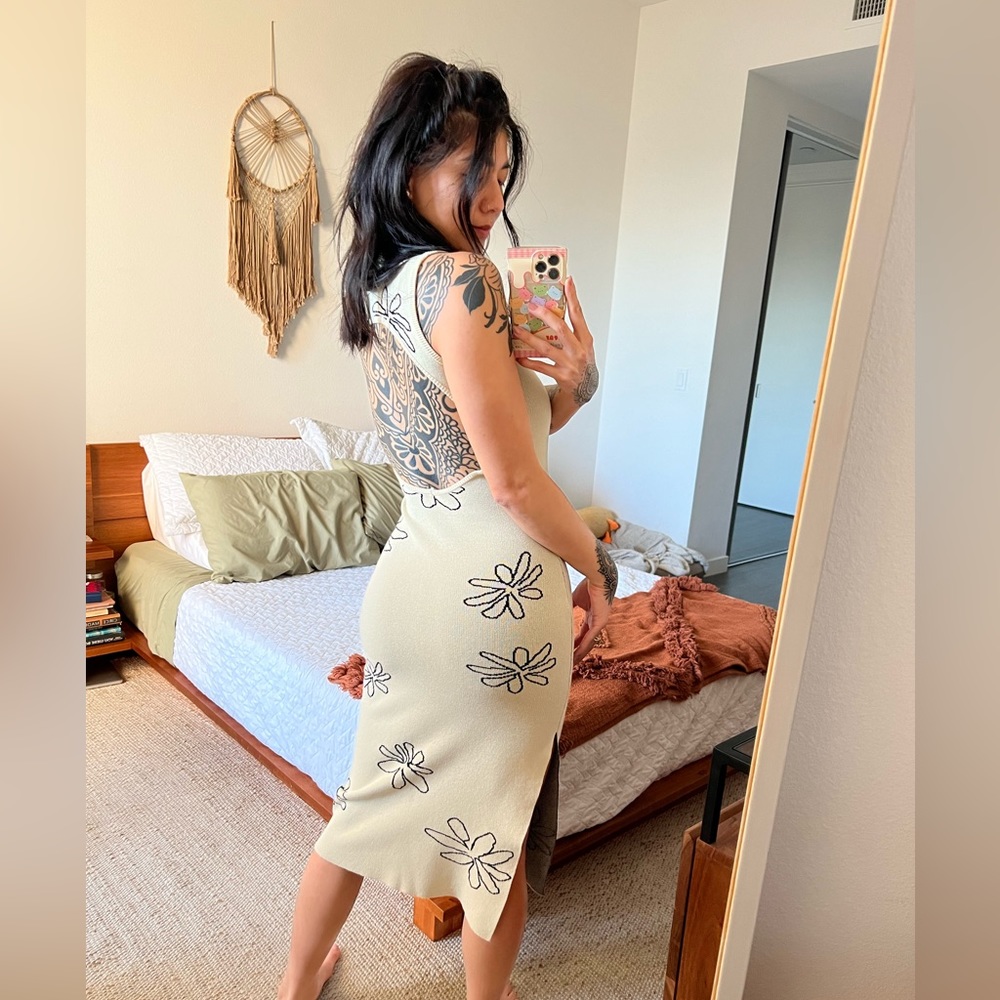 EUC Open-Back Floral Print Knit Slit Midi Dress